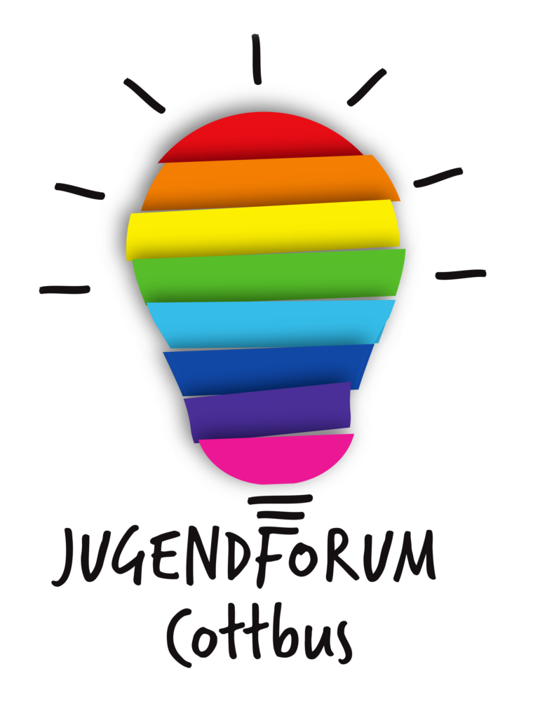 Logo des Jugendforum Cottbus. Eine Glühbirne bestehend aus den Farben des Regenbogens.