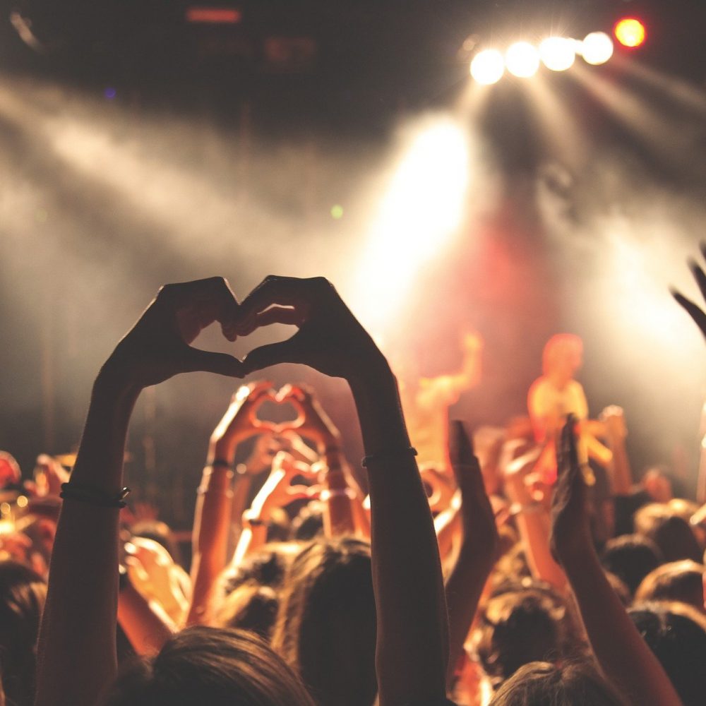 concert-768722_1920 Menschengruppe bei einem Konzert. Eine Frau formt mit den Händen ein Herz.